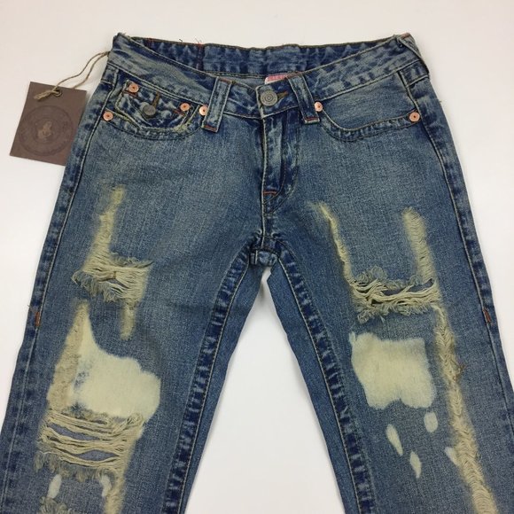 NWT TRUE RELIGION Bleach Distressed Flare Leg 5 Pocket Logo Hardware Jeans - Picture 5 of 15